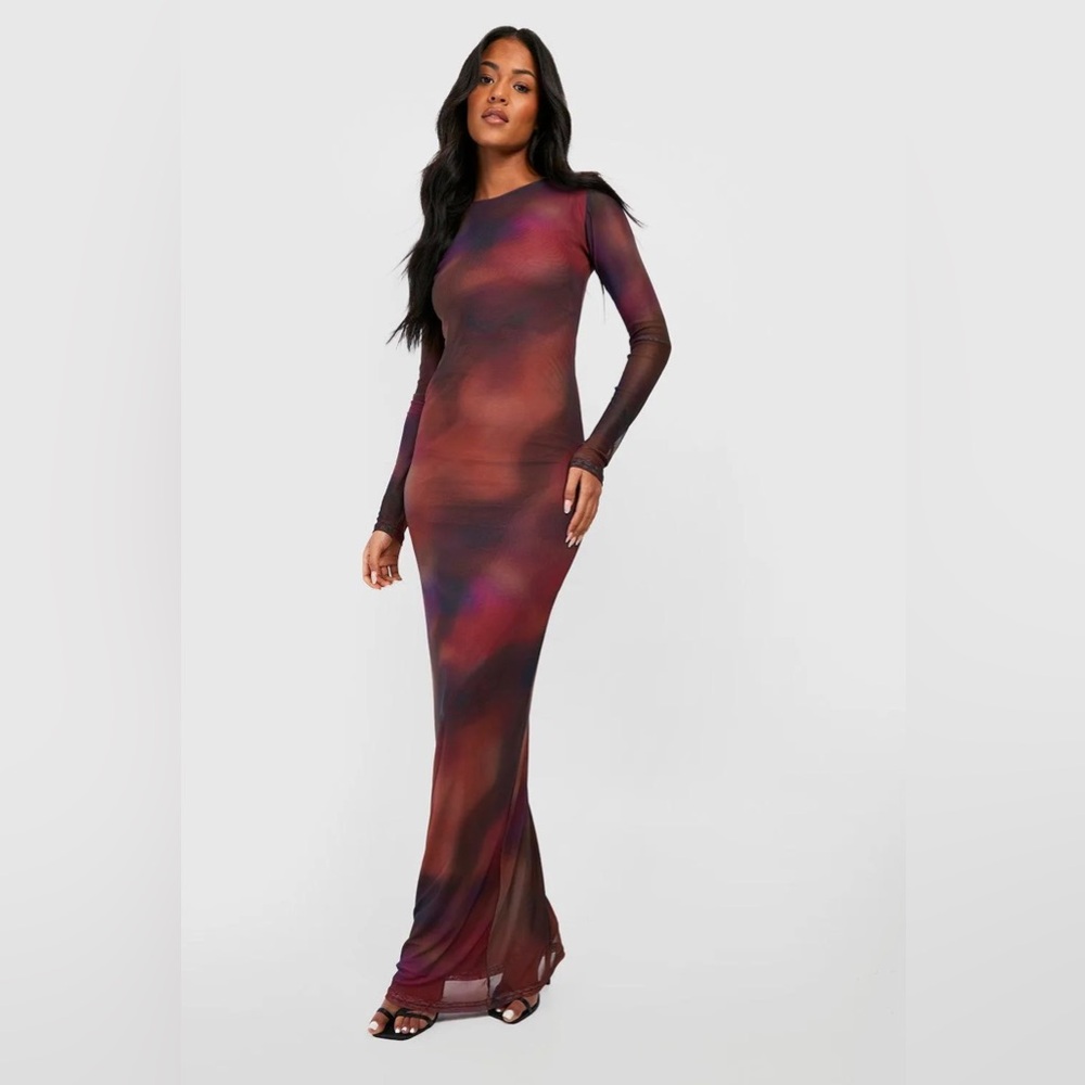 Boohoo Long Sleeve Mesh Maxi Dress in Burgundy Multi